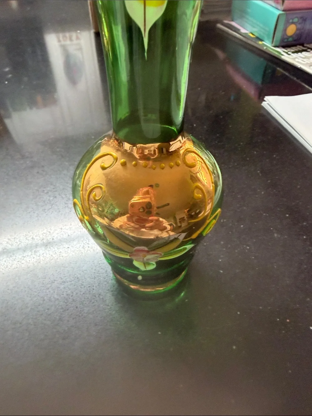 Green Hand-Painted Glass Vase with Gold Accents